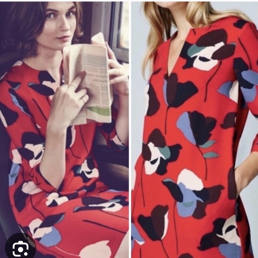 Boden - Red Floral-Print Dress with Navy & Cream Accents. Size 10R